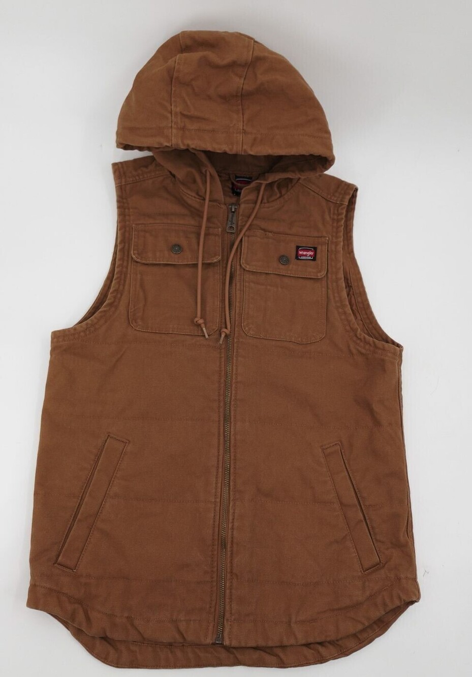 Wrangler Workwear Vest Mens Small Brown Hooded Full Zip Duck Canvas Work Rugged